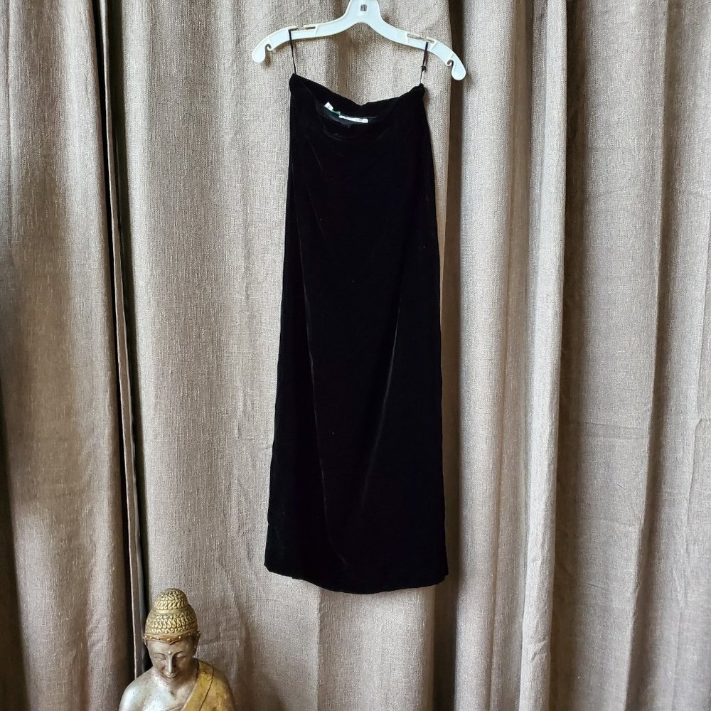 B Altman & Co long black velvet high slit skirt